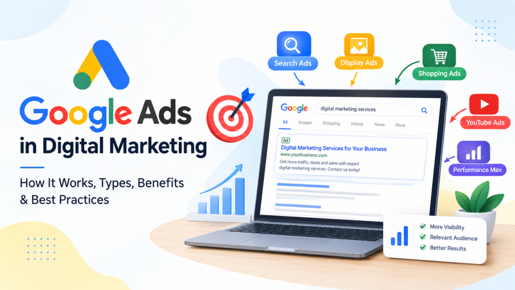 Google Ads in digital marketing featuring Search, Display, Shopping, YouTube, and Performance Max ads on a laptop.
