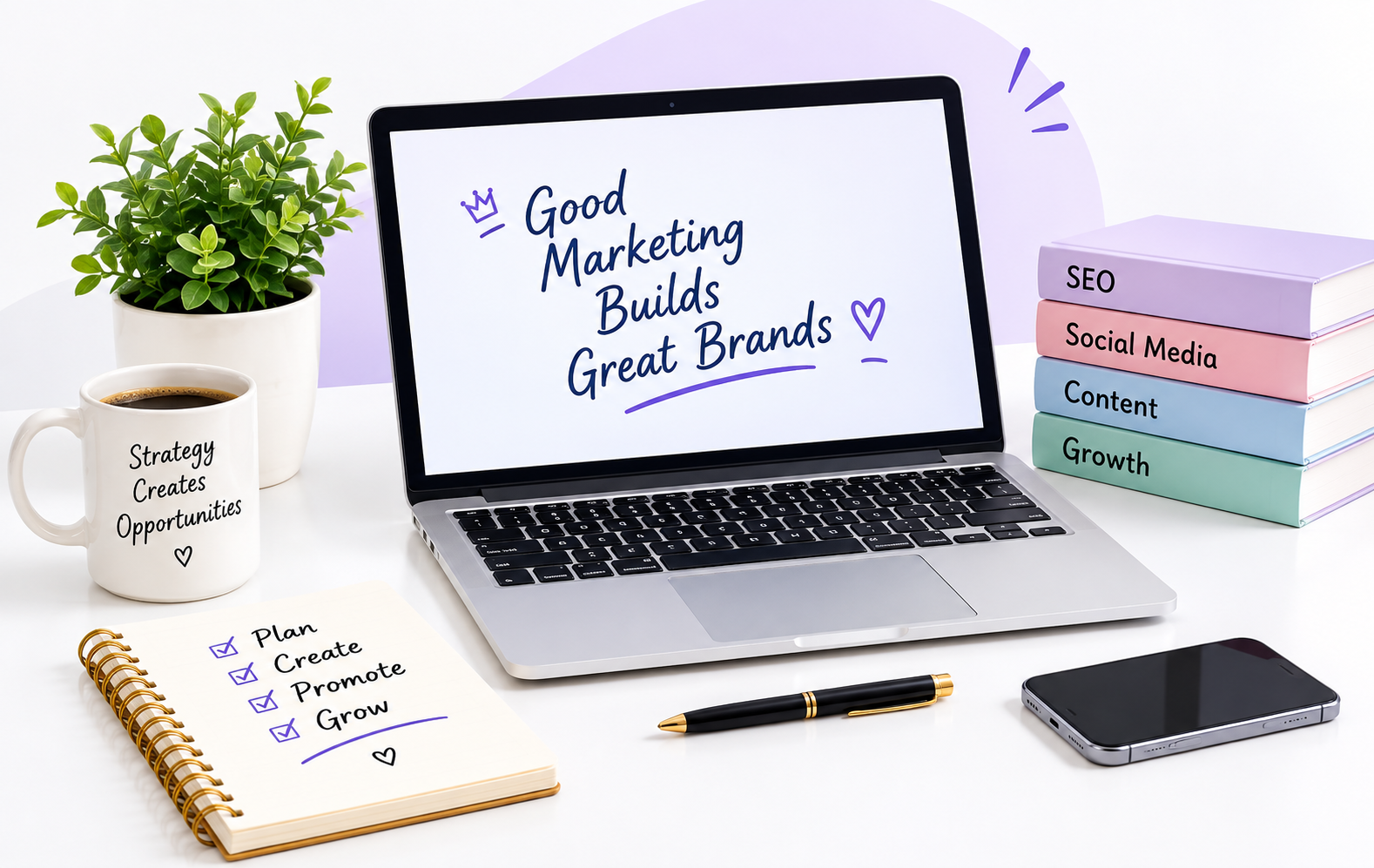 Digital marketing workspace with laptop, books and marketing accessories