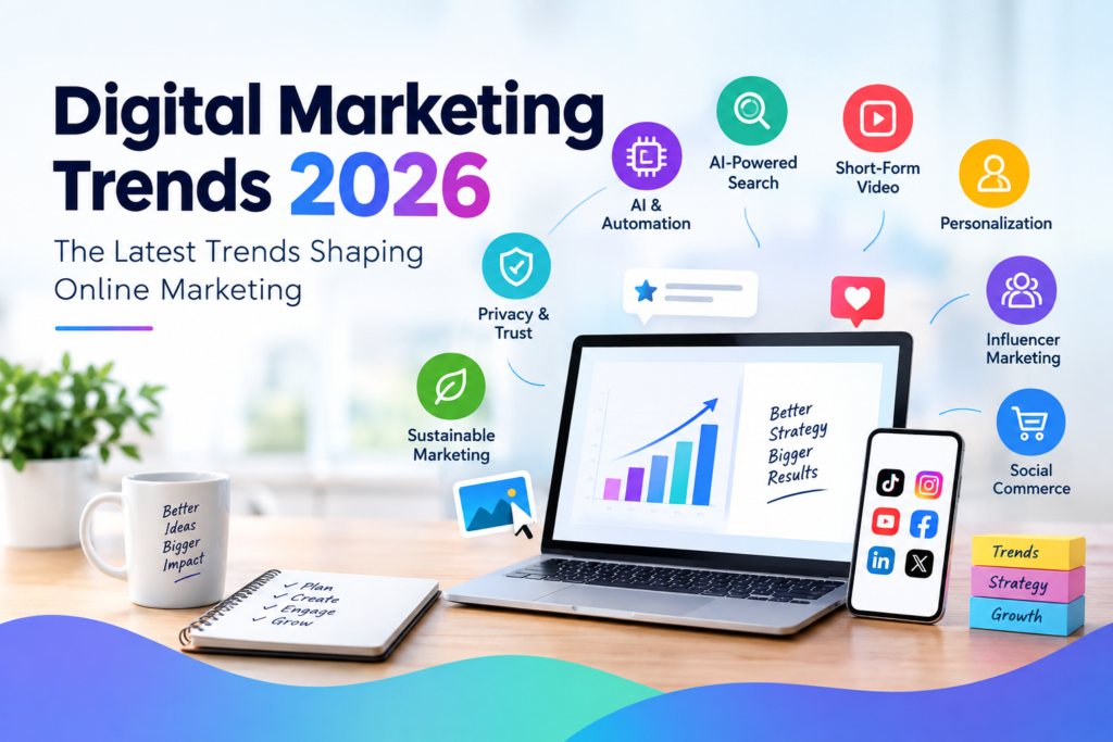 Digital marketing trends 2026 featuring AI, short-form video, personalization, influencer marketing, and social commerce