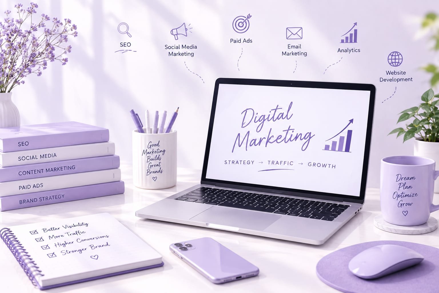 Digital marketing workspace with laptop,
             marketing strategy books, phone and plants