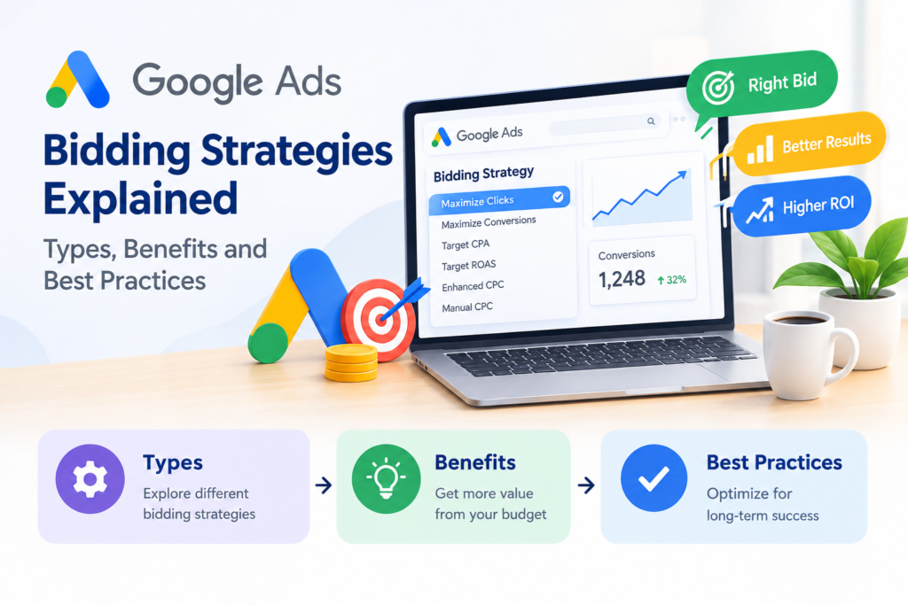 Infographic explaining Google Ads bidding strategies, their benefits, bidding types, and campaign optimization