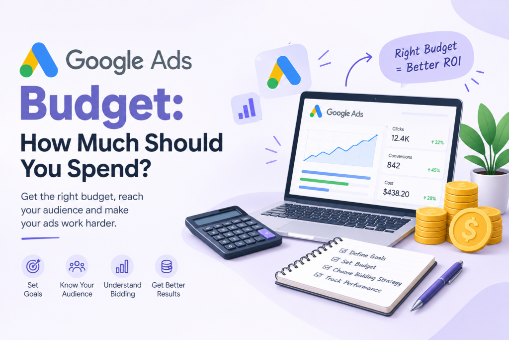 Google Ads Budget infographic showing budget allocation, advertising costs, clicks, conversions, and ROI