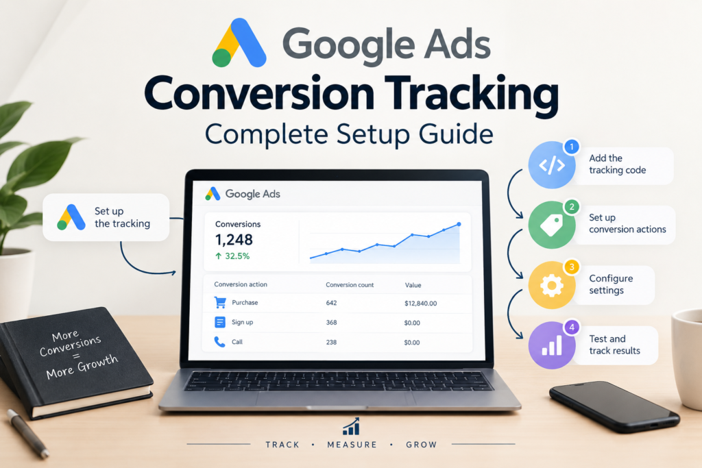 Google Ads conversion tracking setup guide showing how to track conversions, measure campaign performance, and optimize ad results